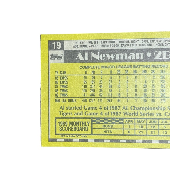 1990 al newman minnesota twins topps baseball card # 19 - Picture 3 of 5